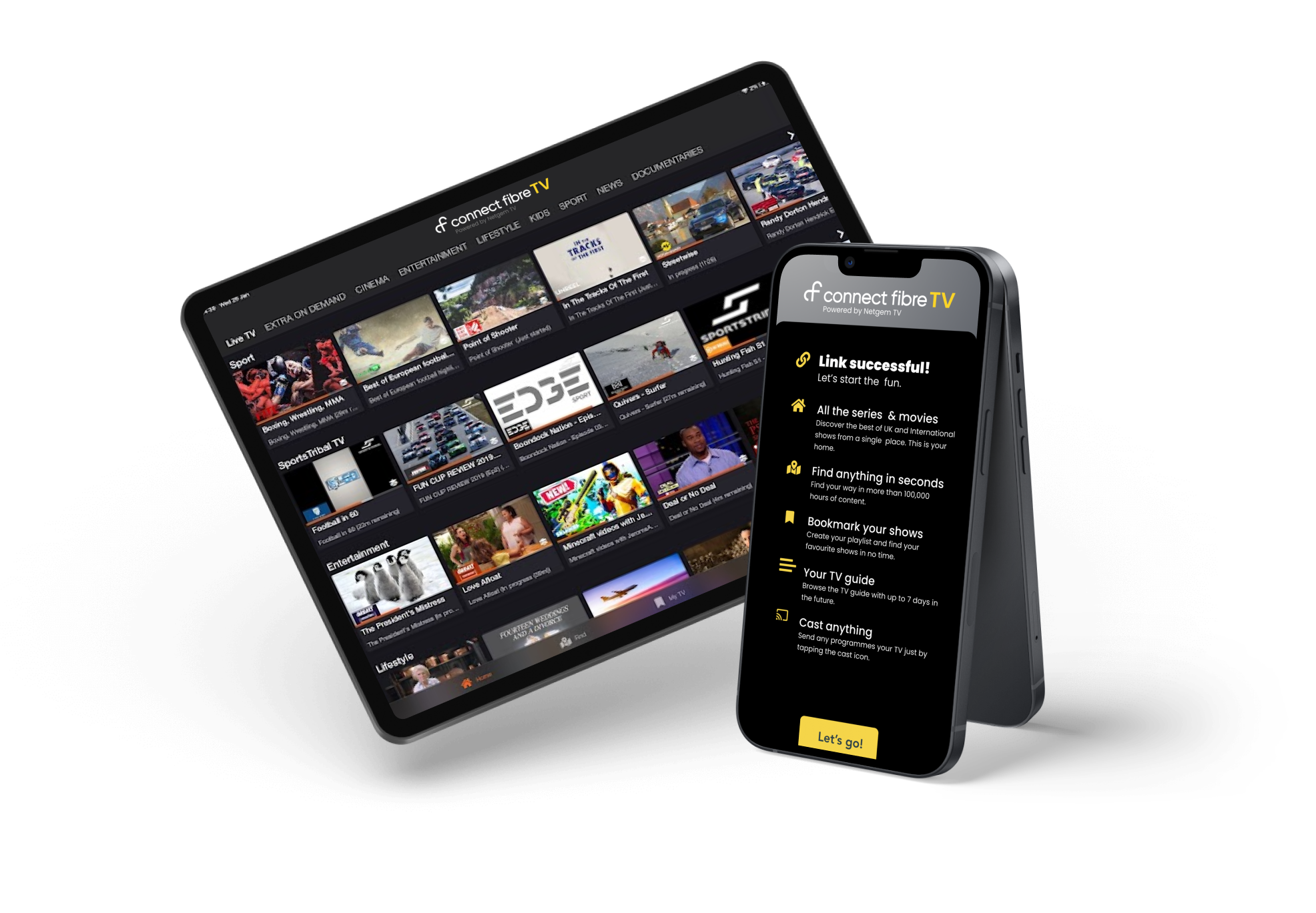 Image of an iPad with Connect Fibre TV and many different TV shows displaying alongside a mobile phone displaying a successful link with Connect Tv