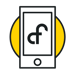 White mobile phone with Connect Fibre CF logo on it with a yellow circle behind the phone 