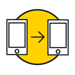 Two smartphones with an arrow indicating data transfer between them, set against a yellow circular background.