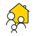 Icon of a yellow house with three simplified figures representing a family standing together.
