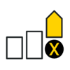 Three bars increasing in height from left to right. The tallest bar was an arrow head, is yellow and has a black circle underneath it with a yellow X inside.