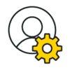 A person icon in a circle with a yellow cog in front