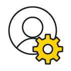 ACCOUNT A minimalist icon featuring a user silhouette beside a yellow gear, symbolizing user settings or management functions. SETTINGSS (2)