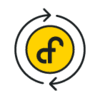 A yellow circle with the Connect Fibre CF logo inside with two arrows going around the circle